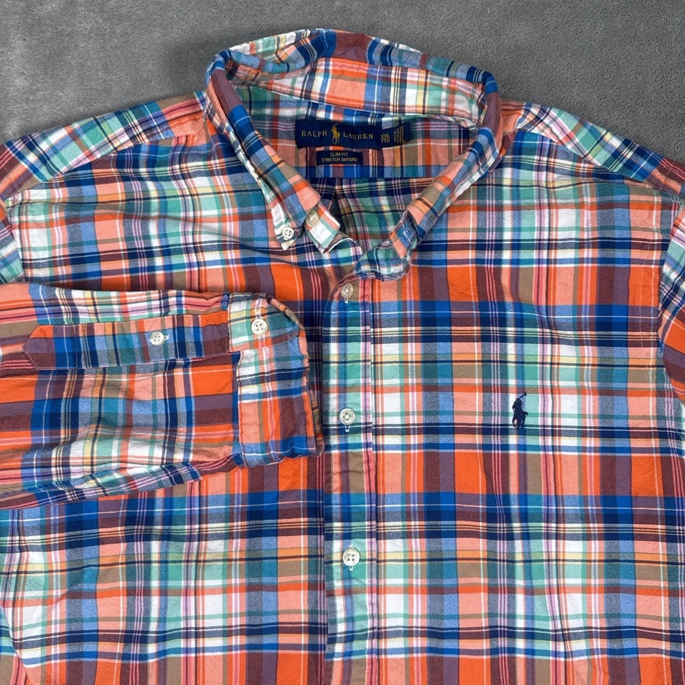 Polo Ralph Lauren Shirt Mens 2XL Orange Plaid Slim Fit Stretch Oxford Pony